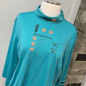 Unique Jamie Sadock Embellished Long Sleeve Aqua Pullover Shirt Size Large